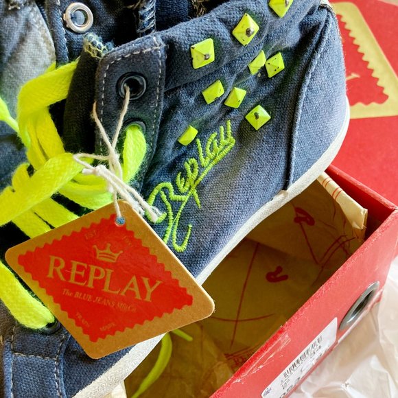 Replay & Sons size 34 EU distressed denim studded SOUTHFELDS mid canvas sneaker - Picture 4 of 7